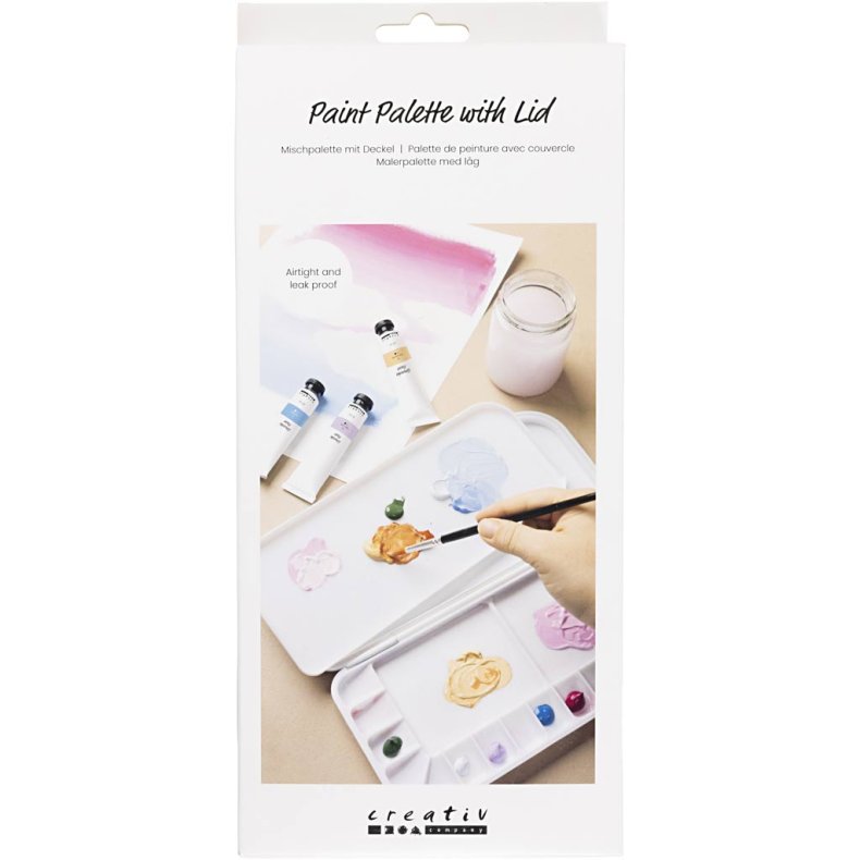 Malerpalet med l&aring;g, str. 27x12,7x2,3 cm, s&oslash;lv, hvid, 1 stk.