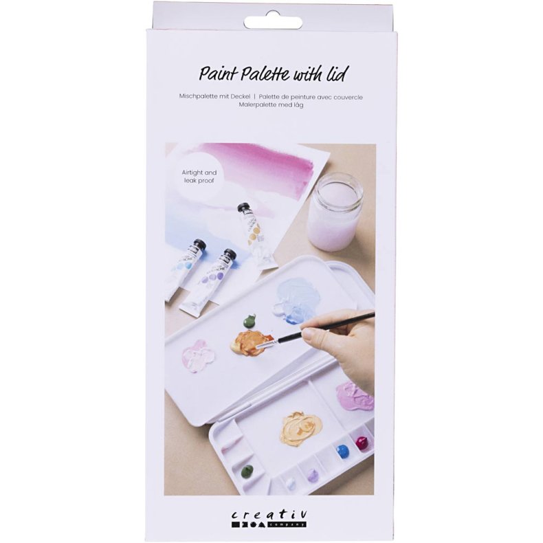 Malerpalet med l&aring;g, str. 27x12,7x2,3 cm, s&oslash;lv, hvid, 1 stk.