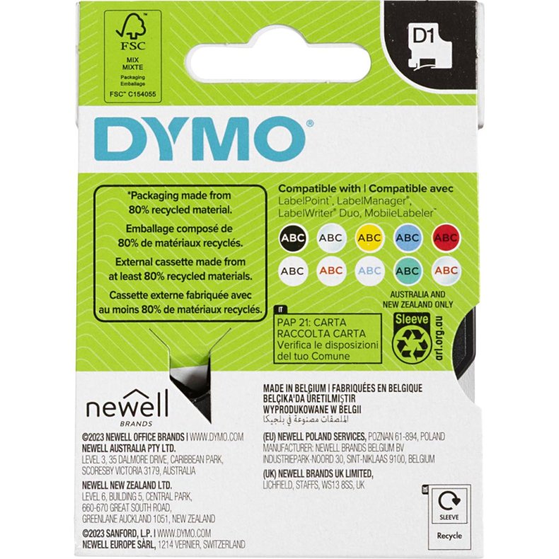 Dymo Tape, B: 12 mm, hvid, 7 m/ 1 rl.