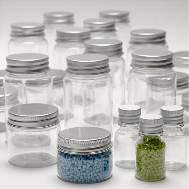 Plastd&aring;se med l&aring;g, H: 35-77 mm, diam. 24-45 mm, 13+35+50+100 ml, 80 stk./ 1 pk.