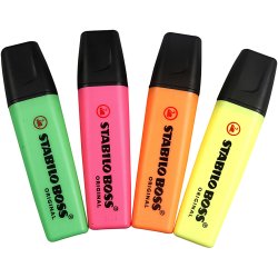 Overstregningstusch, neon gr&oslash;n, neon orange, neon pink, neon gul, 4 stk./ 1 pk.