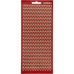 Stickers, hjerter, ark 10x23 cm, guld, rød glitter, 1 ark