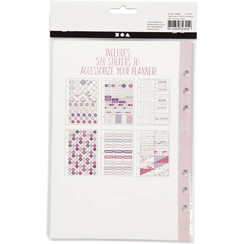 Stickersbog, blomster, A5, guld, lilla, rosa, 1 stk.