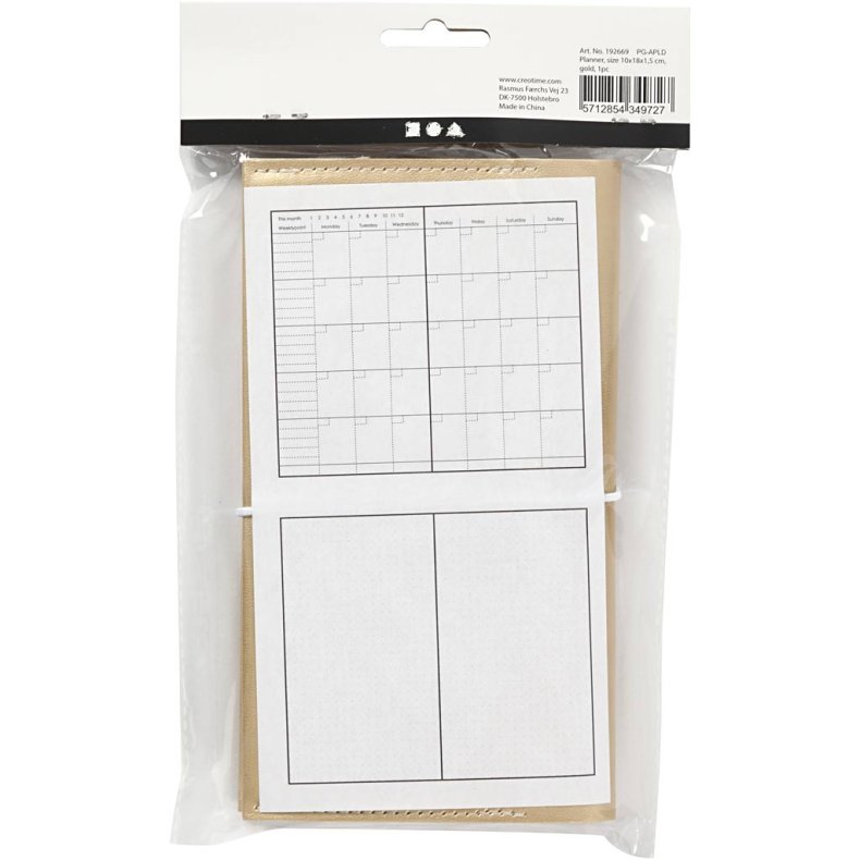 Kalender, str. 10x18x1,5 cm, elastiklukning, guld, 1 stk.