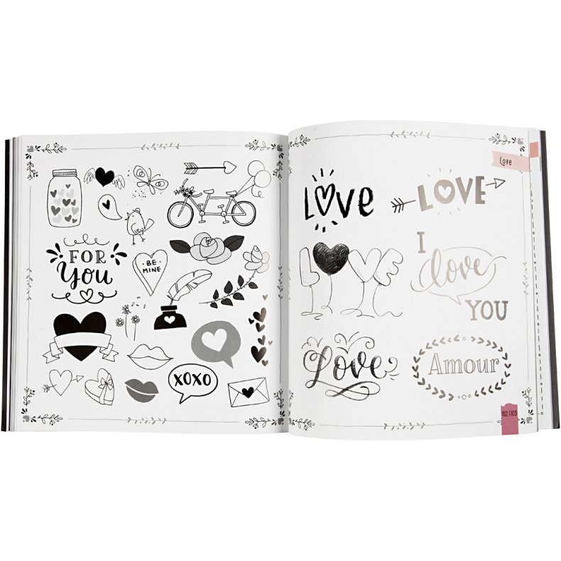 Inspirationsbog til 'Hand Lettering', str. 22x23 cm, tykkelse 2 cm, Antal sider 143, 1 stk., Dansk tekst