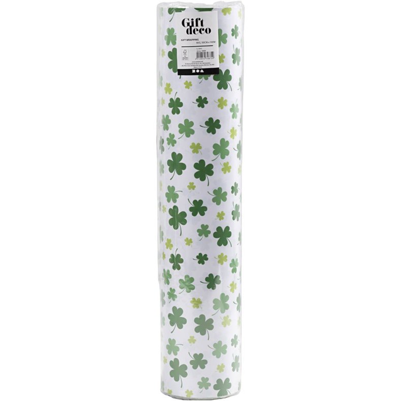 Gavepapir, Gr&oslash;nne kl&oslash;ver, B: 50 cm, 80 g, 100 m/ 1 rl.