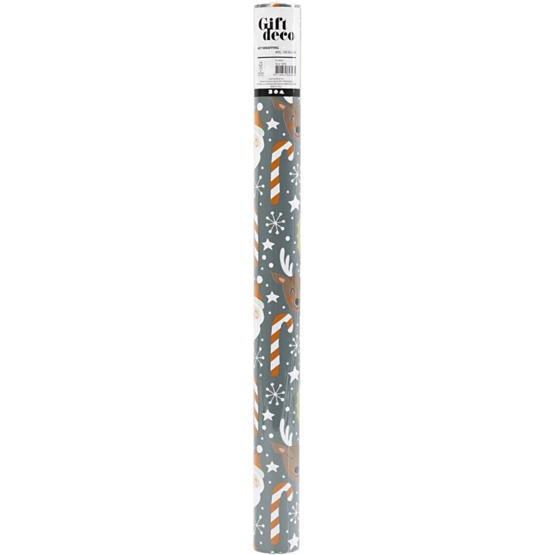 Gavepapir, Julemand, julegave, slikstok, rensdyr, B: 50 cm, 80 g, gr&aring;, 5 m/ 1 rl.