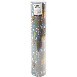 Gavepapir, Julemand, julegave, slikstok, rensdyr, B: 50 cm, 80 g, gr&aring;, 100 m/ 1 rl.