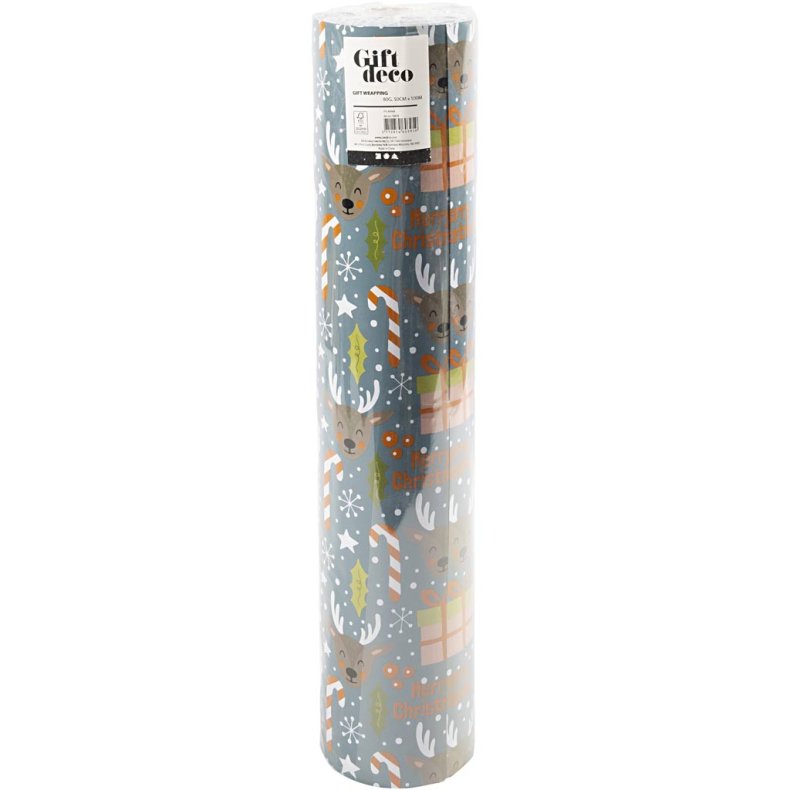Gavepapir, Julemand, julegave, slikstok, rensdyr, B: 50 cm, 80 g, gr&aring;, 100 m/ 1 rl.