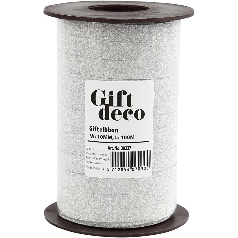 Gaveb&aring;nd, B: 10 mm, glitter, s&oslash;lv, 100 m/ 1 pk.