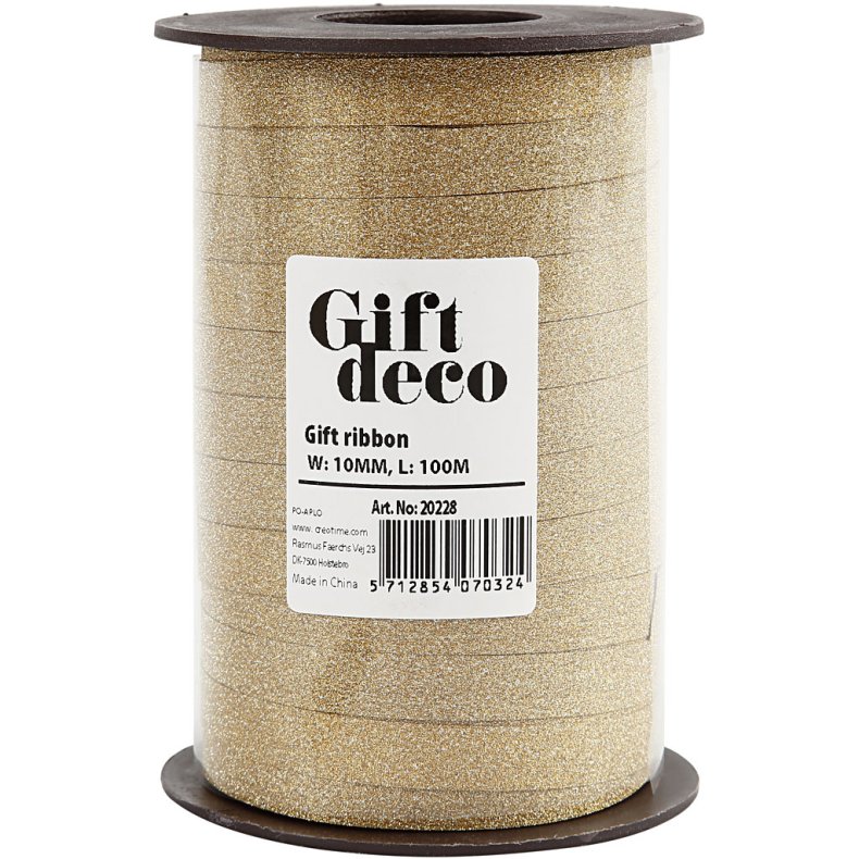 Gaveb&aring;nd, B: 10 mm, glitter, guld, 100 m/ 1 rl.