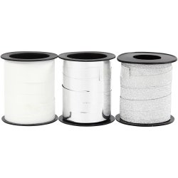 Gaveb&aring;nd, B: 10 mm, s&oslash;lv, s&oslash;lv glitter, hvid, 3x15 m/ 1 pk.