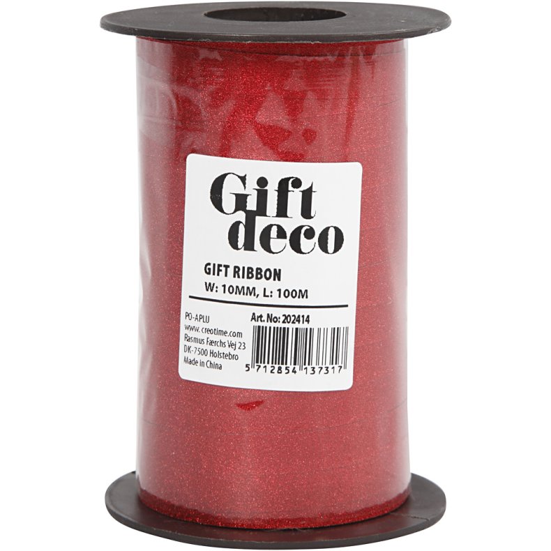 Gaveb&aring;nd, B: 10 mm, glitter, r&oslash;d, 100 m/ 1 rl.
