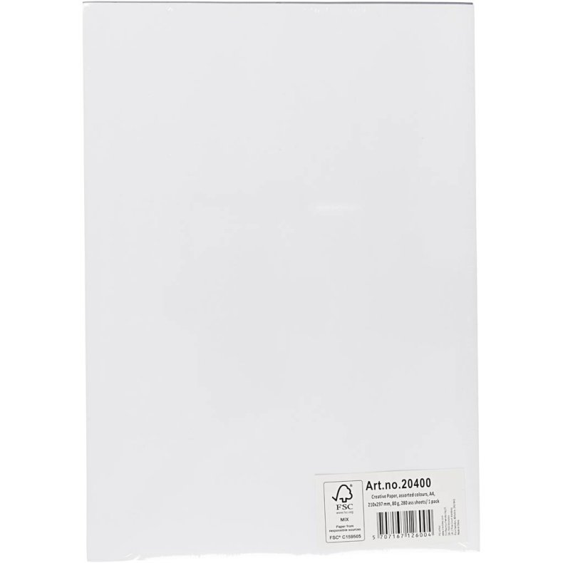 Creativ Papir, A4, ark 210x297 mm, 80 g, ass. farver, 280 ass. ark/ 1 pk.