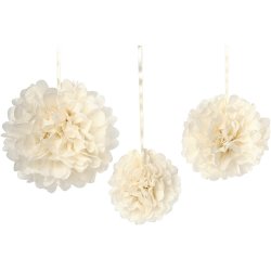 Papirpomponer, diam. 20+24+30 cm, 16 g, r&aring;hvid, 3 stk./ 1 pk.