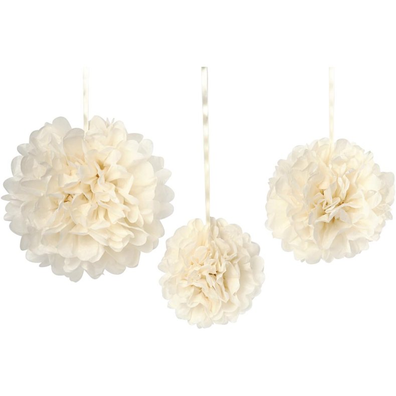 Papirpomponer, diam. 20+24+30 cm, 16 g, r&aring;hvid, 3 stk./ 1 pk.