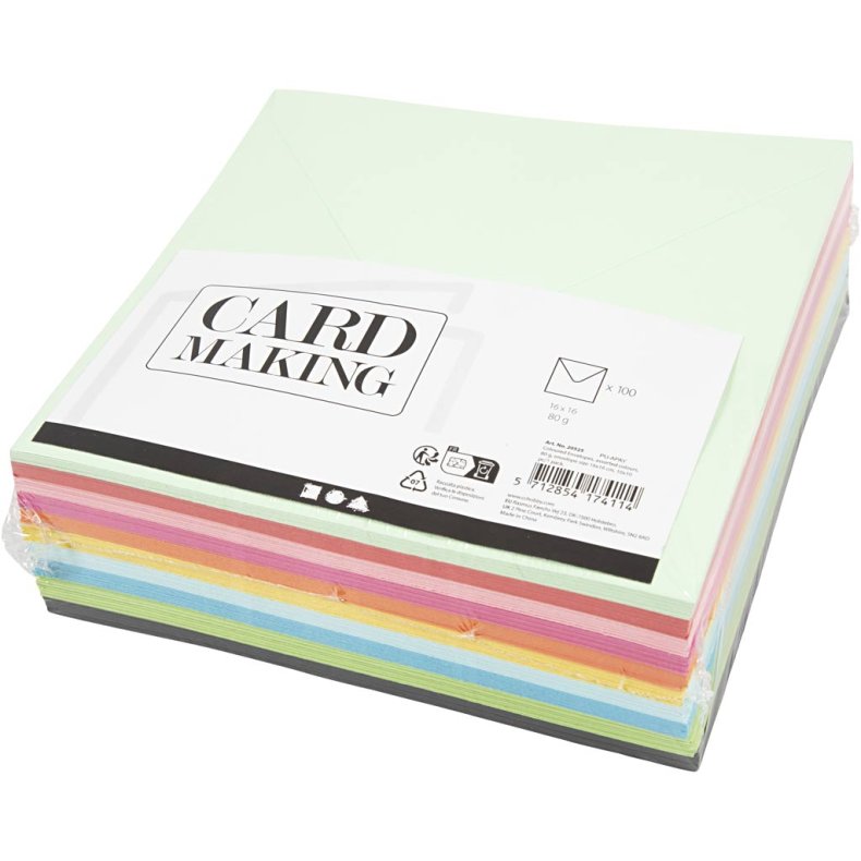 Kul&oslash;rte kuverter, kuvert str. 16x16 cm, 80 g, ass. farver, 10x10 stk./ 1 pk.