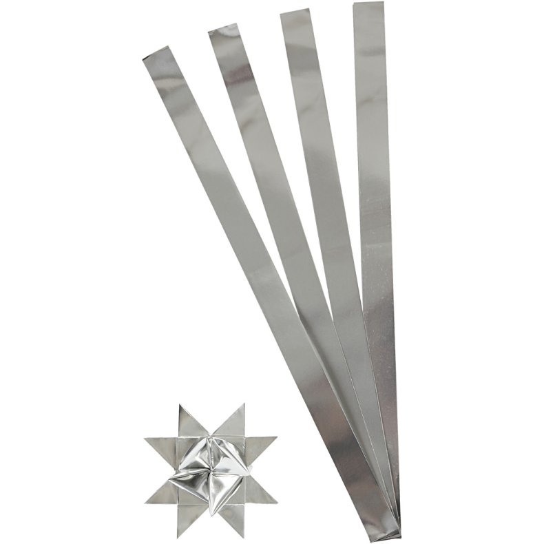 Stjernestrimler, L: 73 cm, B: 25 mm, diam. 11,5 cm, s&oslash;lv, 100 strimler/ 1 pk.