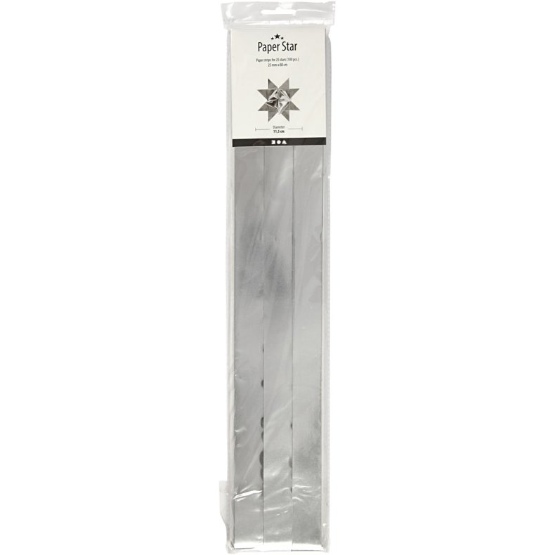 Stjernestrimler, L: 73 cm, diam. 11,5 cm, B: 25 mm, s&oslash;lv, 100 strimler/ 1 pk.
