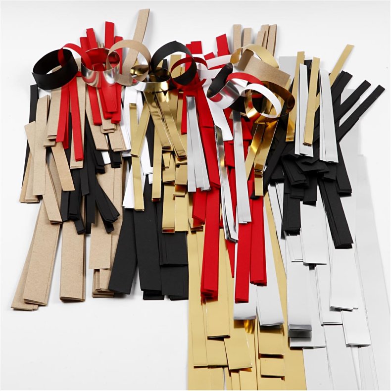 Stjernestrimler, L: 44+78 cm, diam. 4,5+6,5+11,5 cm, B: 10+15+25 mm, Indhold kan variere, guld, r&oslash;d, s&oslash;lv, hvid, 5000 strimler/ 1 pk.