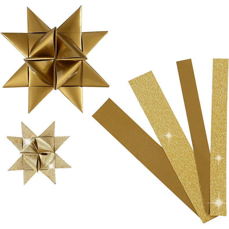 Stjernestrimler, L: 44+78 cm, diam. 6,5+11,5 cm, B: 15+25 mm, glitter,lak, guld