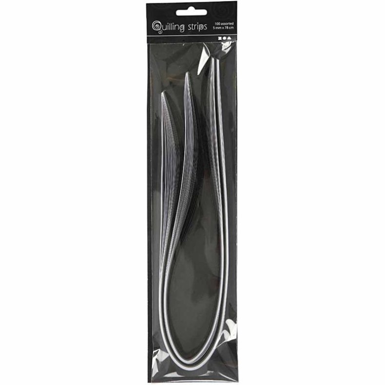 Quillingpapir, L: 78 cm, B: 5 mm, 120 g, sort, gr&aring;, hvid, 100 stk./ 1 pk.
