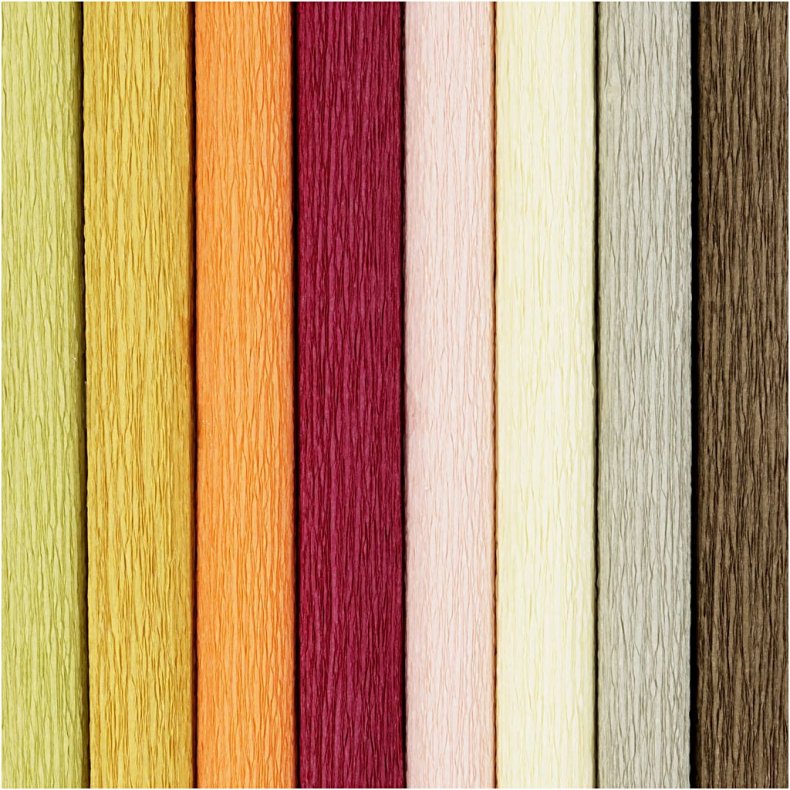 Crepepapir, ark 25x60 cm, Str&aelig;k/crepe: 180%, 105 g, douche farver, 8 ark/ 1 pk.