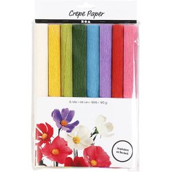 Crepepapir, ark 25x60 cm, Str&aelig;k/crepe: 180%, 105 g, standardfarver, 8 ark/ 1 pk.