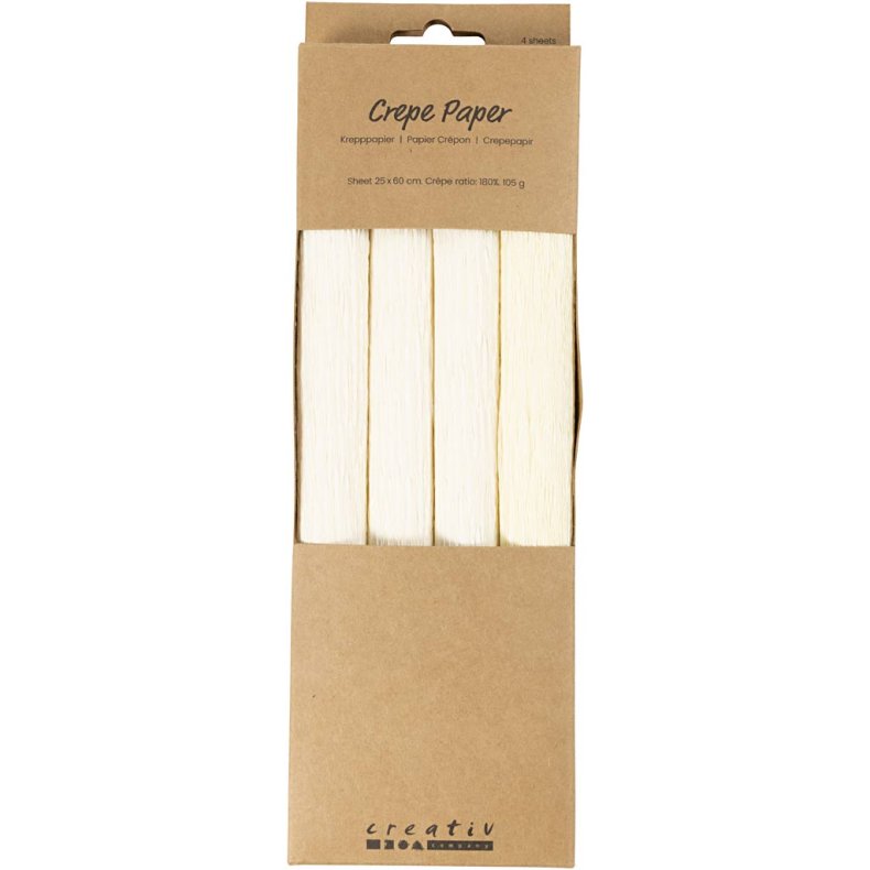 Crepepapir, ark 25x60 cm, Str&aelig;k/crepe: 180%, 105 g, off white, 4 ark/ 1 pk.
