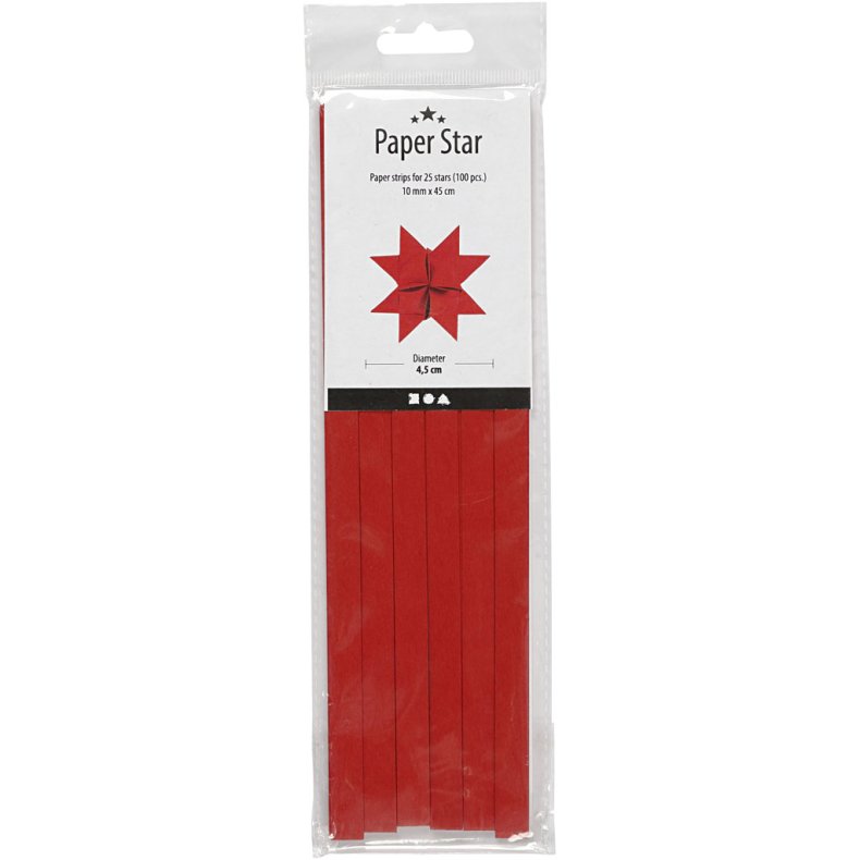 Stjernestrimler, L: 45 cm, diam. 4,5 cm, B: 10 mm, r&oslash;d, 100 strimler/ 1 pk.