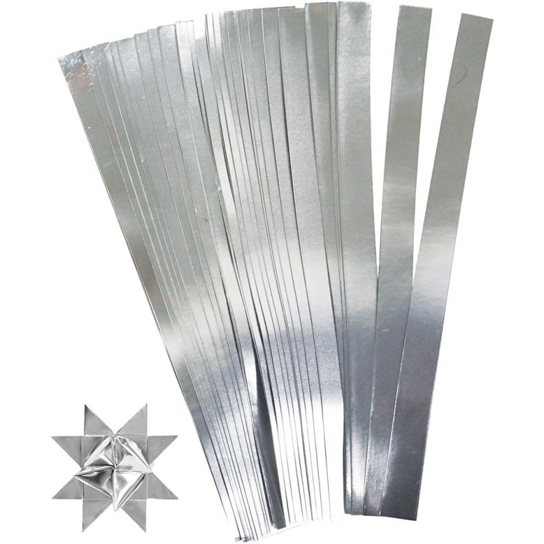 Stjernestrimler, L: 45 cm, diam. 6,5 cm, B: 15 mm, s&oslash;lv, 100 strimler/ 1 pk.