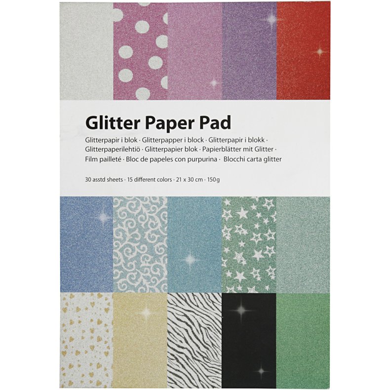 Glitterpapir i blok, A4, ark 210x297 mm, 150 g, 30 ark/ 1 stk.