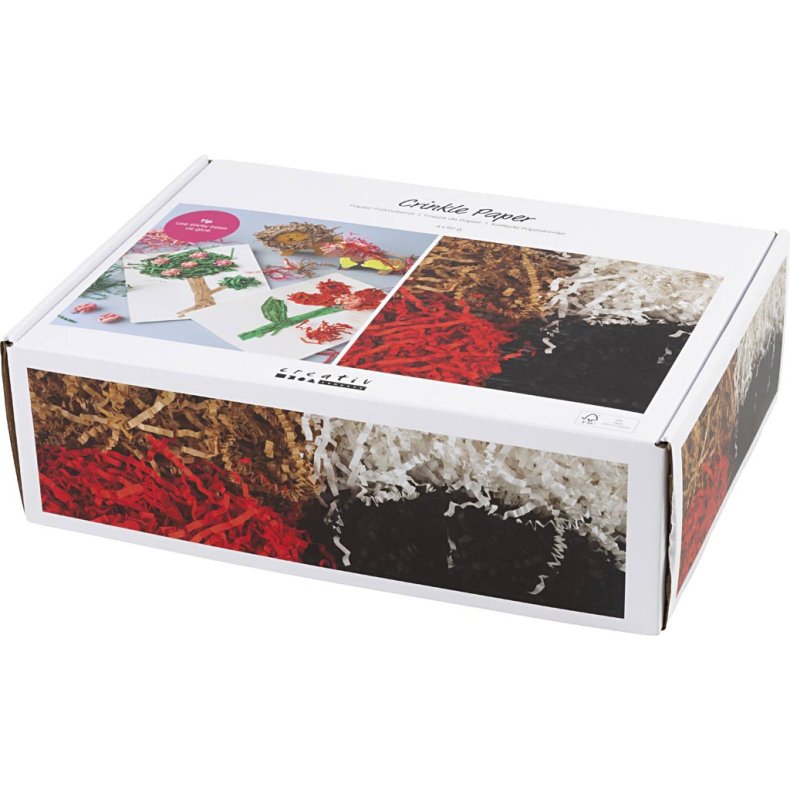 Kr&oslash;llede Papirstrimler, L: 25-30 cm, B: 3 mm, sort, brun, r&oslash;d, hvid, 4x50 g/ 1 pk.