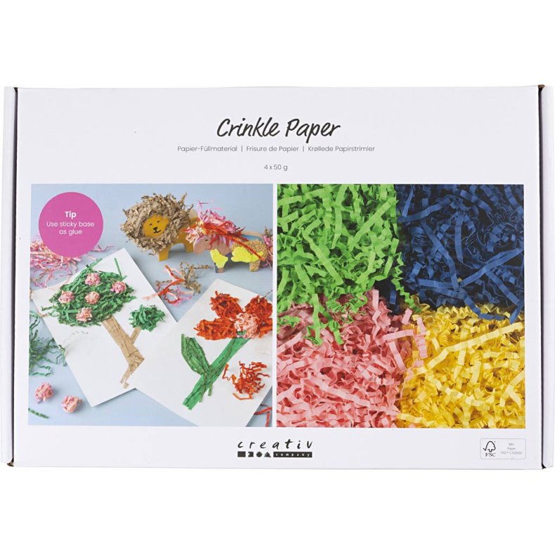 Kr&oslash;llede Papirstrimler, L: 25-30 cm, B: 3 mm, bl&aring;, m&oslash;rk gr&oslash;n, pink, gul, 4x50 g/ 1 pk.