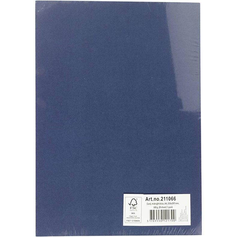 Karton, A4, ark 210x297 mm, 180 g, m&oslash;rk bl&aring;, 20 ark/ 1 pk.