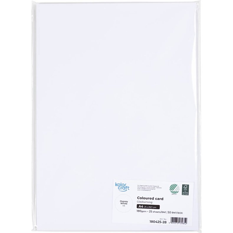 Karton, A4, 180 g, hvid, 25 ark/ 1 pk.