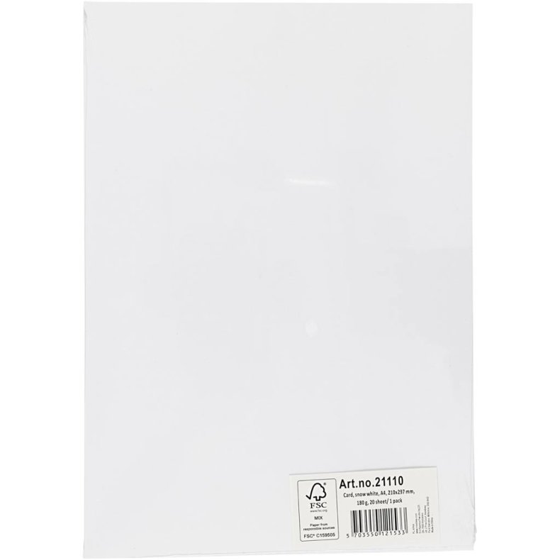 Karton, A4, ark 210x297 mm, 180 g, hvid, 20 ark/ 1 pk.