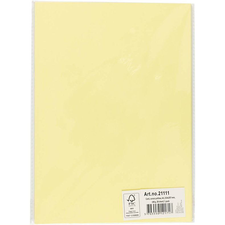 Karton, A4, ark 210x297 mm, 180 g, lys gul, 20 ark/ 1 pk.