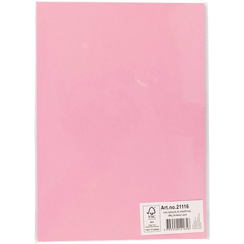 Karton, A4, ark 210x297 mm, 180 g, lys pink, 20 ark/ 1 pk.