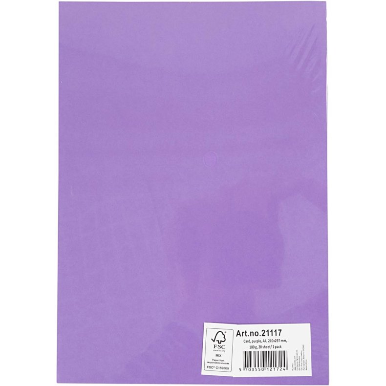 Karton, A4, ark 210x297 mm, 180 g, lilla, 20 ark/ 1 pk.