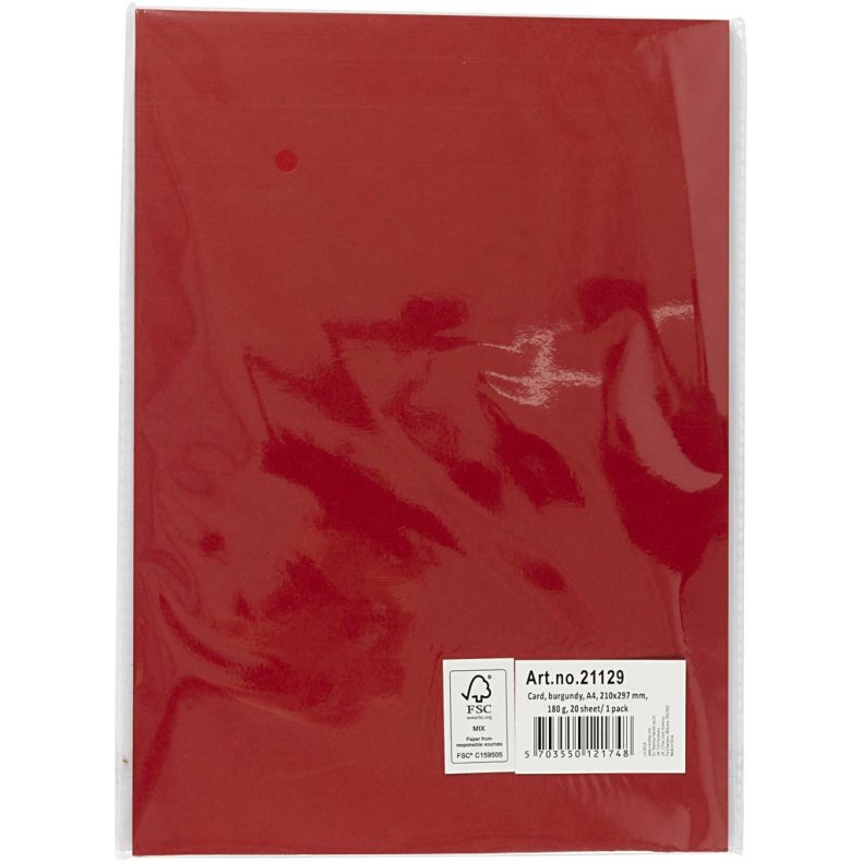 Karton, A4, ark 210x297 mm, 180 g, m&oslash;rk r&oslash;d, 20 ark/ 1 pk.