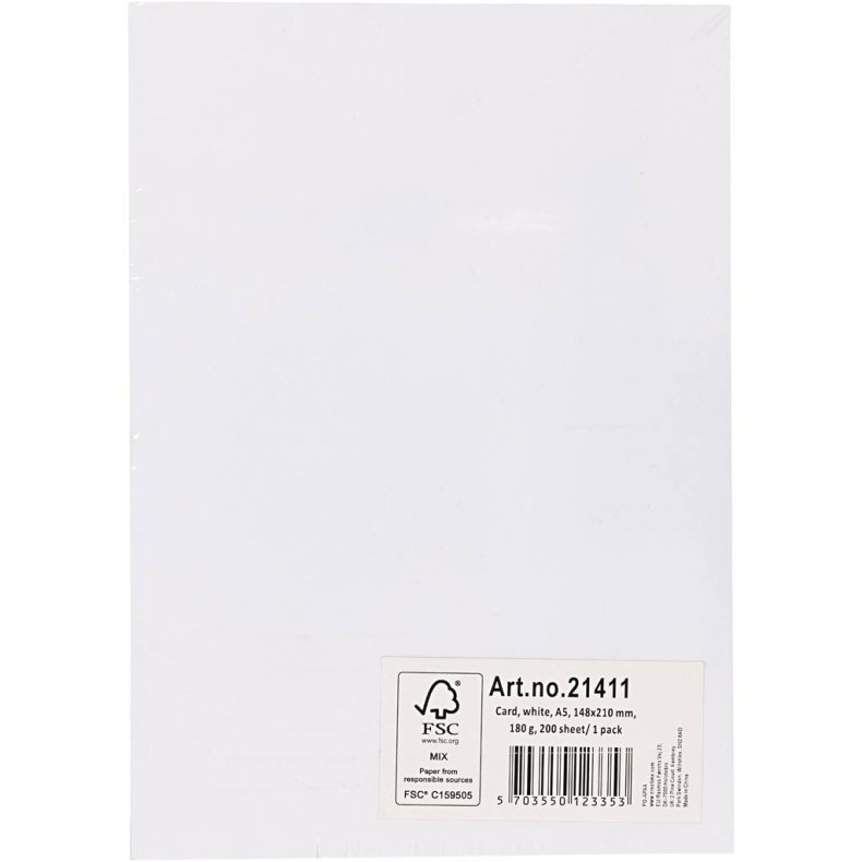 Karton, A5, ark 148x210 mm, 180 g, hvid, 200 ark/ 1 pk.