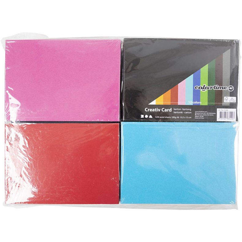Kul&oslash;rt karton, A6, ark 105x148 mm, 180 g, ass. farver, 12x100 ark/ 1 pk.