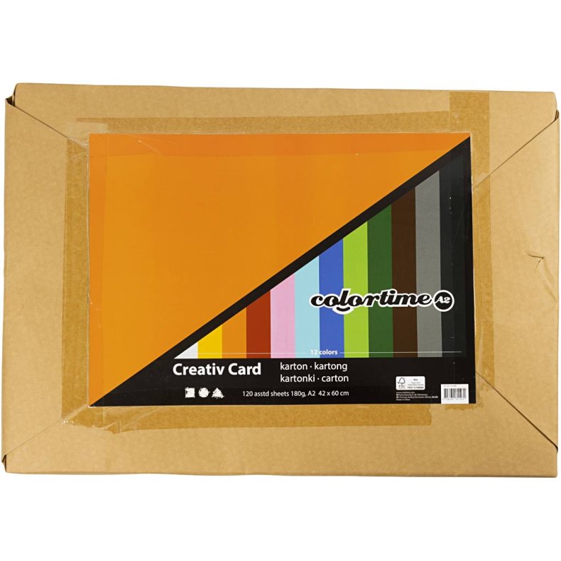 Kul&oslash;rt karton, A2, ark 420x594 mm, 180 g, ass. farver, 120 ass. ark/ 1 pk.