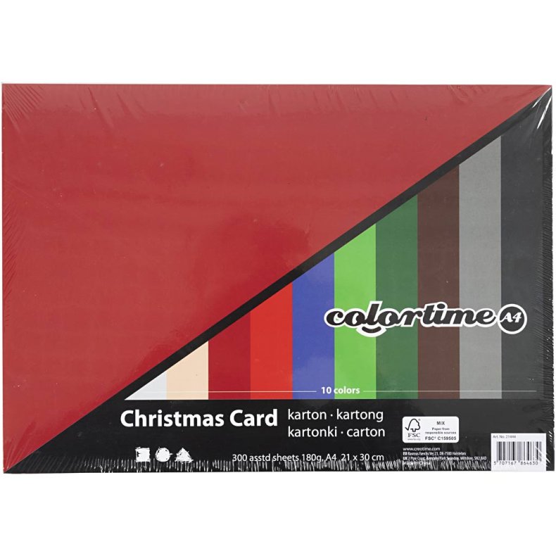 Julekarton, A4, ark 210x297 mm, 180 g, ass. farver, 300 ass. ark/ 1 pk.