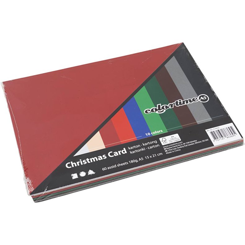 Julekarton, A5, ark 150x210 mm, 180 g, ass. farver, 60 ass. ark/ 1 pk.