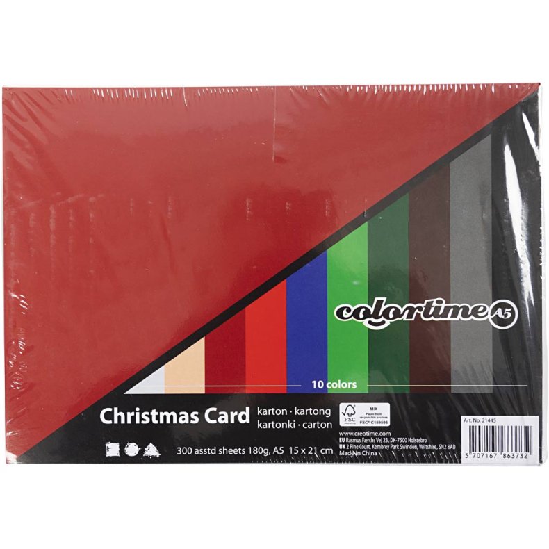 Julekarton, A5, ark 148x210 mm, 180 g, ass. farver, 300 ass. ark/ 1 pk.