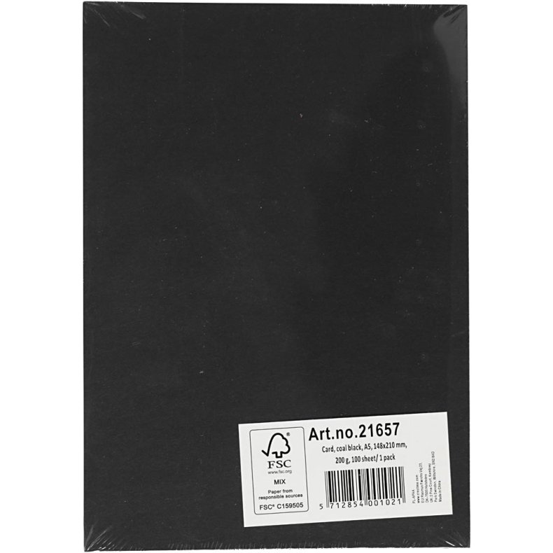 Karton, A5, ark 148x210 mm, 200 g, sort, 100 ark/ 1 pk.