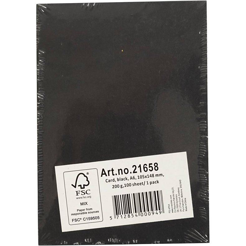 Karton, A6, ark 105x148 mm, 200 g, sort, 100 ark/ 1 pk.