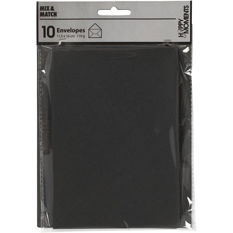 Kuvert, kuvert str. 11,5x16 cm, 110 g, sort, 10 stk./ 1 pk.